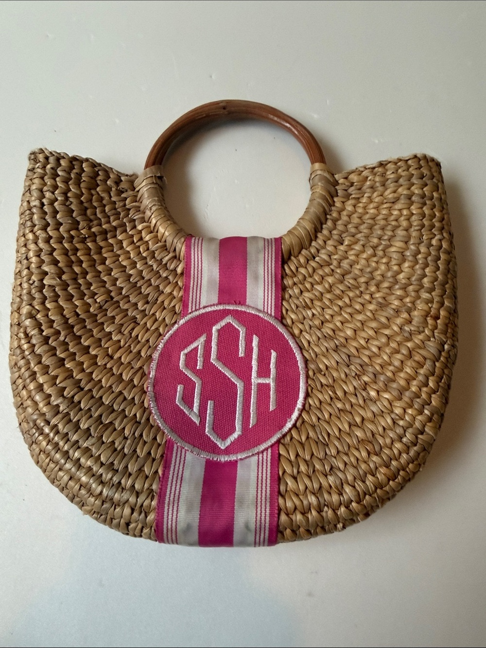 Woven Straw Tote with Pink Monogram Accent